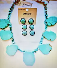 CHICO'S BOLD STUNNING TURQUOISE HOWLITE STONE BIB NECKLACE & EARRINGS SET (NWT)