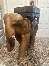 Heavy Hand Carved Wooden Elephant Pedestal Plant Stand Table 19”H 19.5”L 9”W