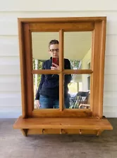 Vintage Honey Oak Wood Window Pane Mirror w/Shelf & 3 Hanging Pegs 25” Farmhouse