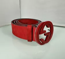 Gucci Unisex Red Interlocking GG Buckle Nubuck Leather Belt 1.5” Wide Sz 32”-36”