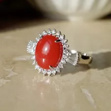 14k White Gold Plated Silver 4Ct Oval Cut Simulated Orange Coral Wedding Ring