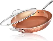 Hammered Copper 14-Inch Non-Stick Pan with Lid, Oven/Dishwasher Safe，all-new