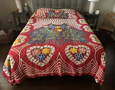 Full Queen Vintage Chenille Boho Bed Spread Red Peacocks Flowers Hearts Boudoir