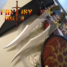 19" FANTASY MASTER TWIN ELF WARRIOR DUAL SWORDS & LEATHER HANDLE + DISPLAY STAND