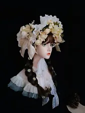 Victorian Women Straw Bonnet Floral Hat Wide Lace Brim Wedding Tea Party Hat new