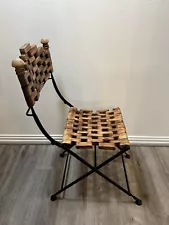 Vintage Handmade Wooden Wrought Iron Foldable High Back Chair