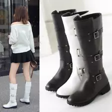 hot sale Women Buckle Riding Hiking punk flat Heel side Zipper Knee High Boots