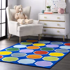 nuLOOM Kecia Octagons Printed Area Rug in Blue Kids Geometric Design