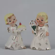 Pair of Vintage Matching 3.5" Porcelain Christmas Angel Girls JAPAN Candle Cake