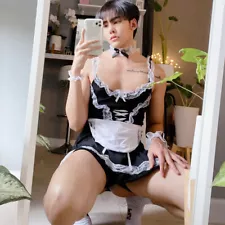 Gay Men Sissy Girl Maid Cosplay Dress Bow Lace Short Apron Dress Maid Outfit