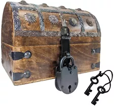 Pirate's Treasure Chest Wooden Nautical Jewelry Box with Functional Lock and Key