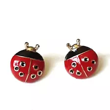 Tiny Ladybug Earrings Post Stud Red Black Gold .50"L x .50"W for Pierced Ears