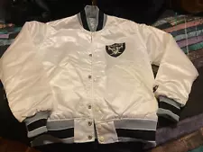 Oakland Raiders SMALL Starter Satin Bomber White Silver Quilt Lined