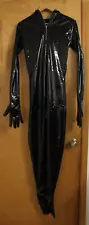 Men Synthetic Latex Zipper Crotch Bodysuit Full Body Catsuit Attached Hood Glove