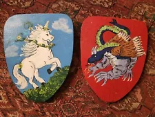 MEDIEVAL TIMES (2) HAND-PAINTED Wooden Shields 12" Unicorn & Dragon