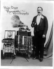 High class phonograph entertainments,man holding cylinder,Edison Machine,c1885