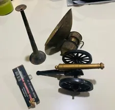 Lot of ANTIQUE ITEMS Brass Cannon Toy Bugle Coal Miner's Lamp Barometer 