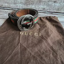 Gucci Web Green Red Canvas Stripped Brown Interlocking G Buckle Belt 95/38 BAG