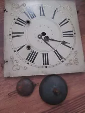 Antique Early Wooden Painted Clock Face w Hands Pendulum & Bell