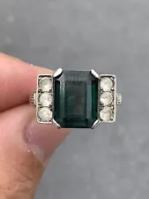 Silver Art Deco Emerald Cut Green Tourmaline & White Spinel Ring, 925