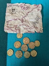 Pirate Treasure Coins 10 Metal Gold Doubloon Props with Map