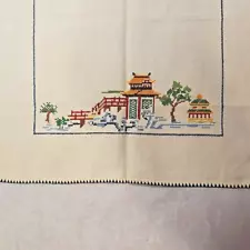 Vtg Pagoda Themed Hand Embroidered Linen Tablecloth top Asian Oriental Chinese