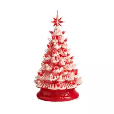 15" Peppermint Ceramic Christmas Tree, Pre-Lit Hand-Painted Decor with Lights