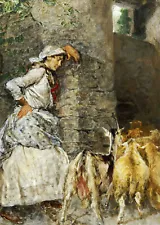 Mose Bianchi "Shepherdess" goat italian Green Artwork PAPER or CANVAS Fine Art