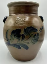 Vintage Rowe Pottery Clay Salt Glazed Jug Crock Cobalt Blue Flowers Unique /j