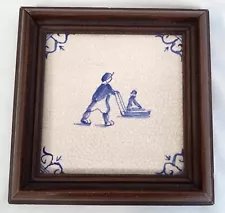 Vintage Delft Tile In Wooden Frame Antique Pushing Sled Sleigh