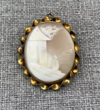 Vintage Shell Cameo Brooch Pin Scene Of House & Woman In Dress Genuine Antique