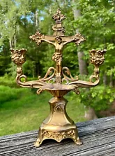 Antique Ornate Standing Metal Crucifix Candelabra Holy Water Font