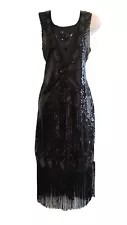 Ro Rox Lined Black Embellished 20's Flapper Gatsby Style Dress Sz L (12- 14 )