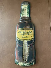 1940s/50s NuGrape Soda Die-cut Tin Embossed Thermometer (Works!) 17x5”