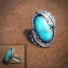 Personalized Vintage Silver Glamour Simulated Turquoise Men Women Ring Size 6