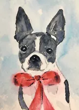 Boston Terrier Hand-Painted ACEO Watercolor 2.5" x 3.5" Not A Print-NEW