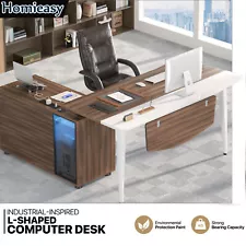 Executive Desk, Computer Desk with LED Light & Storage Cabinet, Home Office Desk