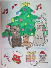 New ListingACEO Original Watercolor Cat Tis the Season for Christmas Music Mewsic No498 KEK