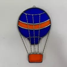 Vintage Sun Catcher Hot Air Balloon Blue Orange Leaded Stained Glass Window Art