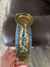 Mid Century Brass Ashtray for Sofa and Chair Armrest Blue and Gold Tapestry