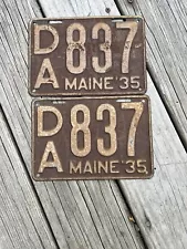 Pair Of 1935 Maine License Plates 100% Original-Low Number #DA837