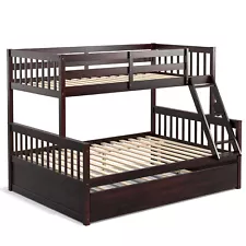 Twin Over Full Bunk Bed with Twin Trundle Convertible Platform Bed Espresso