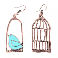 Asymmetric Jewelry Birdcage Bird In Cage Enamel Animal Antique Bronze Earrings