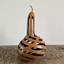 Carved Dried Gourd Handmade Art Artist Signed 2005 Large Decor Piece 16" Tall