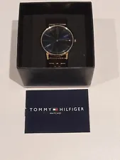 Gents Tommy Hilfiger Blue Dial Gold Tone St St Bracelet Watch. Excellent Cond