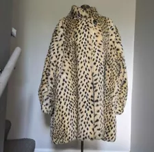 Vintage Ladies Faux Fur Leopard Print Coat Oversized Women's Cruella DeVille