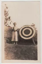 EARLY WOMAN ARCHERY ~ BOW & ARROWS WITH LARGE TARGET ~ c. - 1920