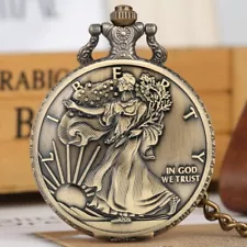 American Coin Quartz Full Hunter Pocket Watch Engraved Case and Chain for Men