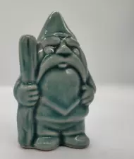 Green Ceramic Glazed Crackle Finish Garden Gnome with Walking Stick Figurine