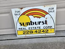 Vintage Sunburst Real Estate Corp. Metal For Sale Sign Double Sided 28" X 20" GC